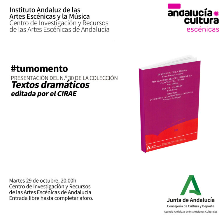 EL CRUJIDO DE LA TIERRA de Elena Bolaños. Presentación del n.º 30 de la colección «Textos dramáticos» editada por el Centro de Investigación y Recursos de las Artes Escénicas de Andalucía. Celebramos la publicación de un libro que recopila el trabajo de cuatro dramaturgas contemporáneas: Elena Bolaños, Nani Muñoz, Ruth Rubio y Verónica Rodríguez, hecho que nos demuestra la visibilización creciente del trabajo teatral femenino, resaltando la importancia de reconocer a las mujeres como creadoras, un espacio que ha sido históricamente dominado por los hombres y aunque todavía existen barreras, muchas autoras están trabajando con valentía y mucho talento en pos de la igualdad de género en el teatro. Contaremos con la presencia de las autores, y trás la presentación, se leerán breves fragmentos de cada obra. El 29 Martes 2024- de 20h a 21h30 en el CIRAE Centro de Investigación y Recursos de las Artes Escénicas de Andalucía. #tumomento Organiza: Centro de Investigación y Recursos de las Artes Escénicas de Andalucía